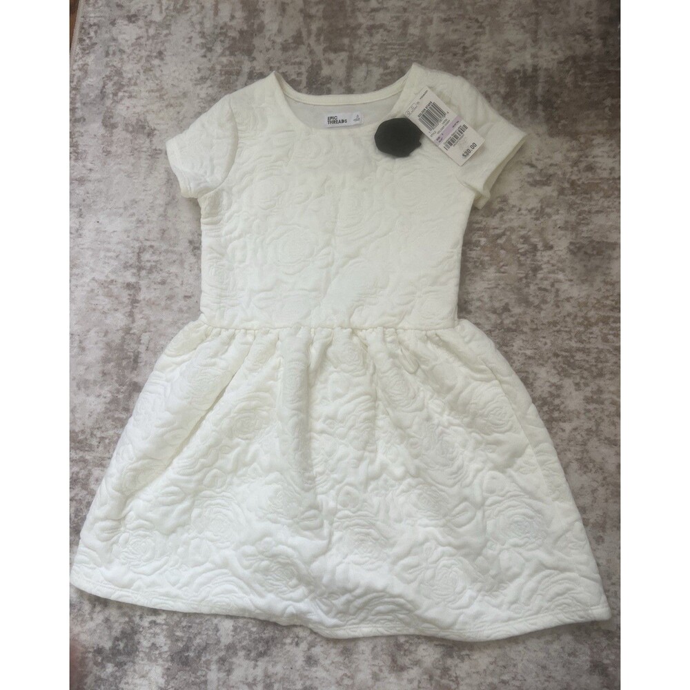 Epic Threads Dress Girls 6  White Ivory  Quilted Roses Short Sleeve Party Dress